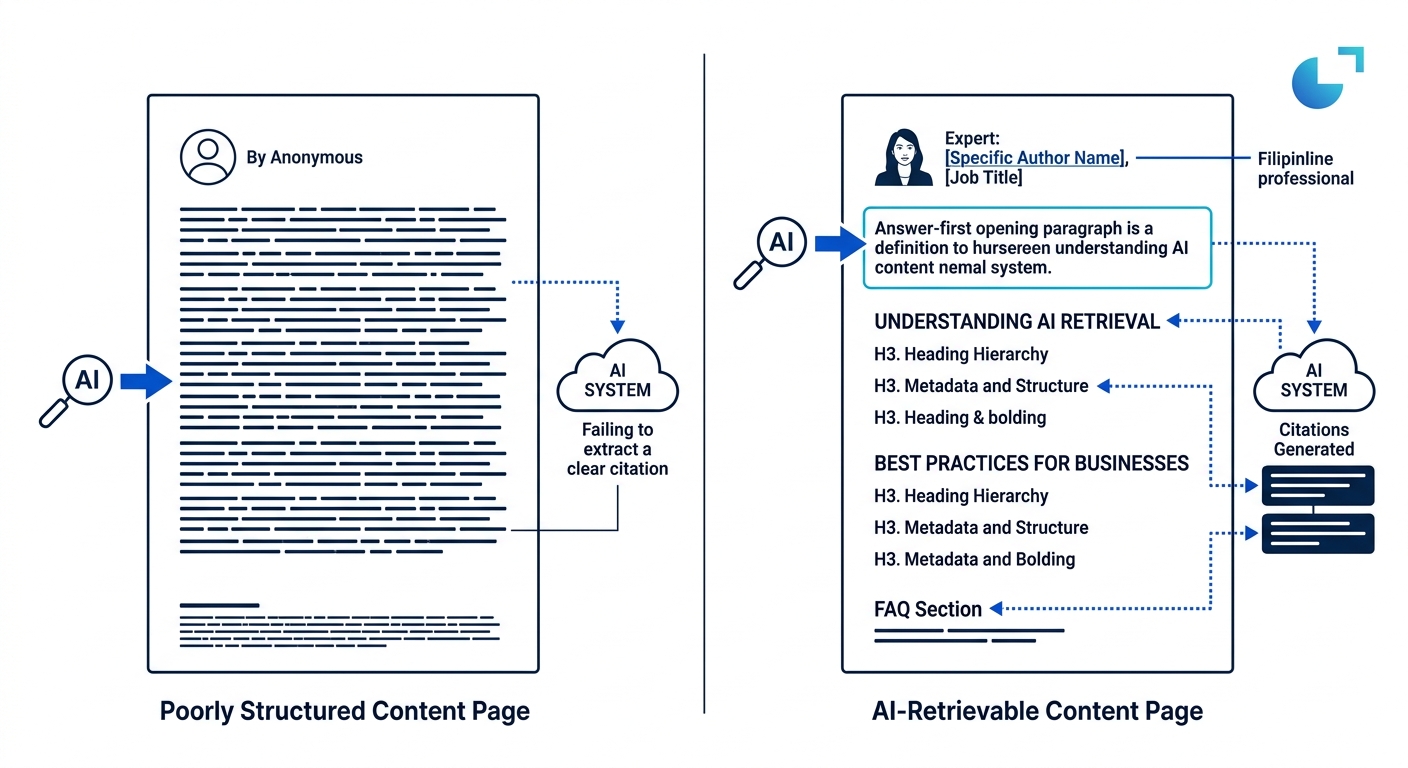 Side-by-side comparison of a poorly structured content page on the left (wall of text, no clear headings, anonymous author byline) versus an AI-retrievable content page on the right (answer-first open