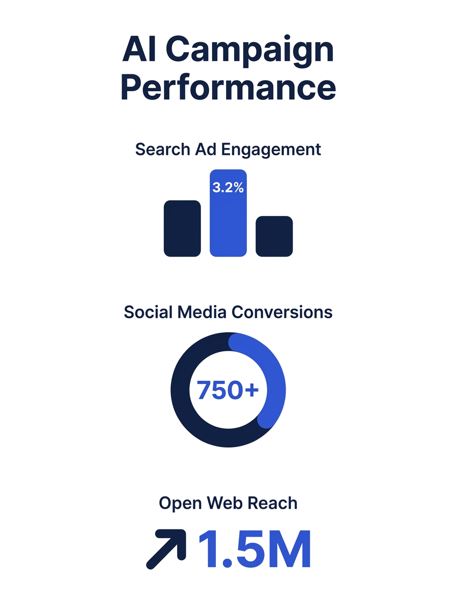 Marketing dashboard showing AI campaign performance metrics across search, social, and open web channels