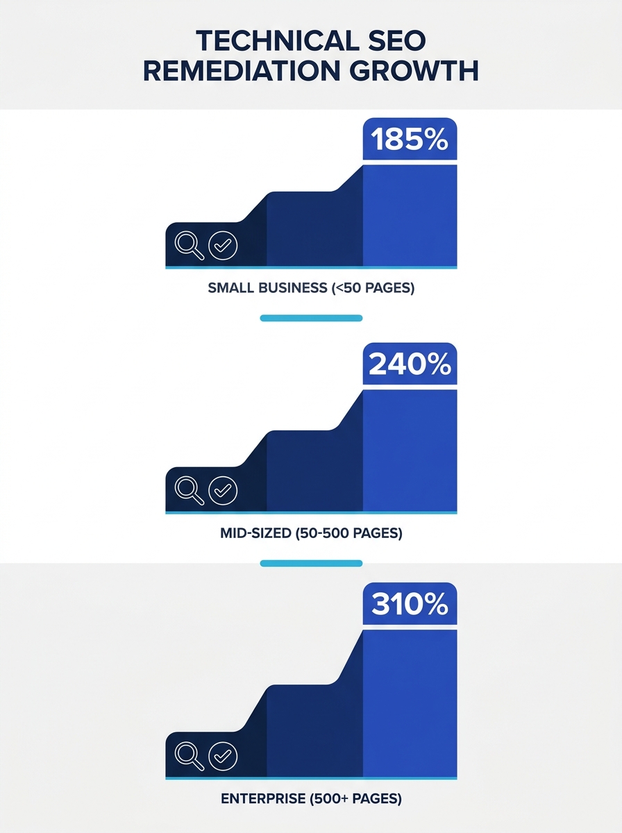 An infographic showing three tiers of website size (small business under 50 pages, mid-sized 50-500 pages, enterprise 500+ pages) with corresponding organic traffic growth percentages (185%, 240%, 310