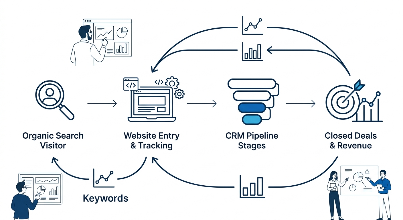 flowchart diagram showing the data journey of revenue-attributed SEO, from organic search visitor entering a website, through tracking and CRM pipeline stages, to closed deals, with feedback loops ind