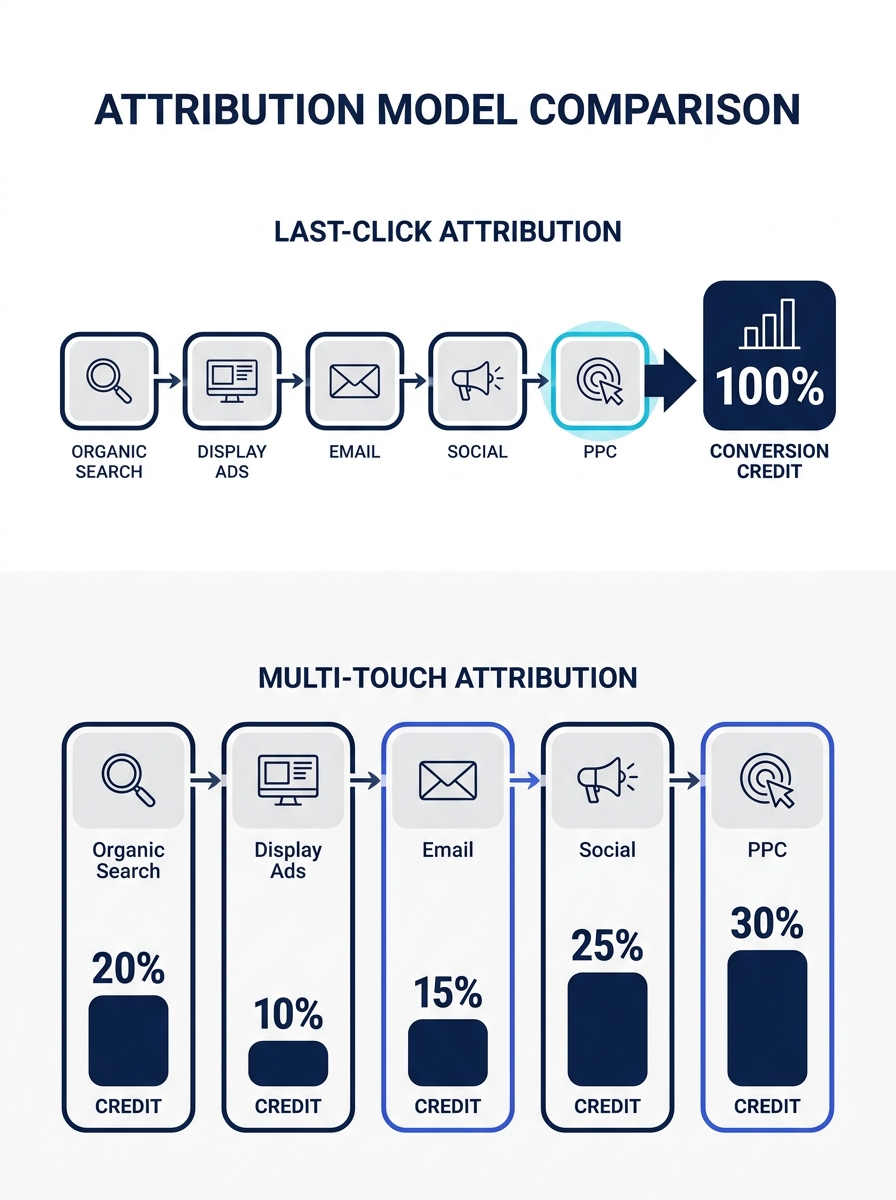 Infographic showing a customer journey timeline with 5 touchpoints across organic search, display ads, email, social, and PPC, with a comparison of how last-click attribution vs multi-touch attributio