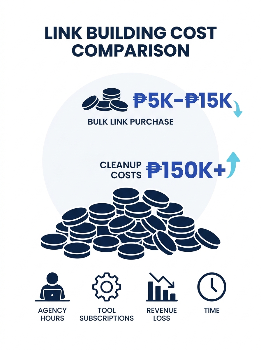 A comparison diagram showing a small pile of coins labeled "bulk link purchase ₱5K-₱15K" on one side and a much larger pile labeled "cleanup costs ₱150K+" on the other side, with icons representing ag