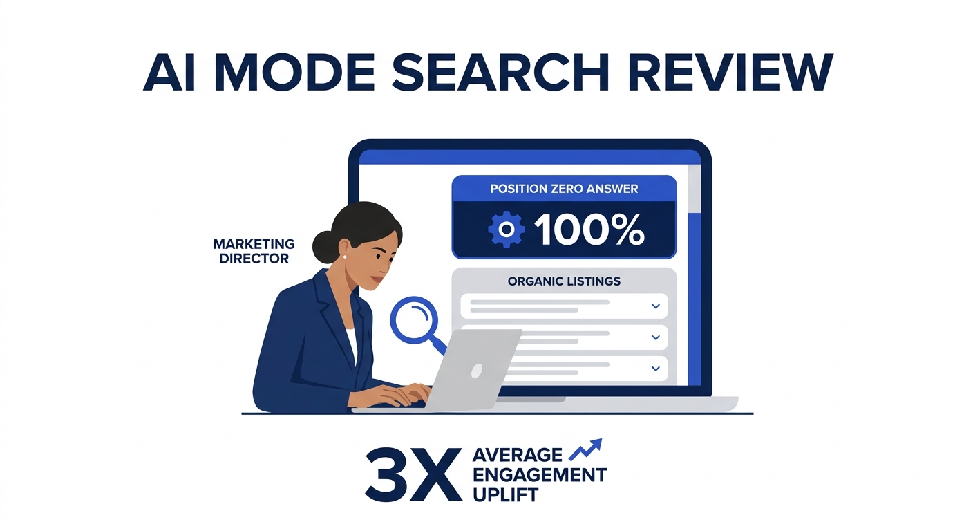 Marketing director reviewing AI Mode search results on laptop showing Position Zero answer block above organic listings