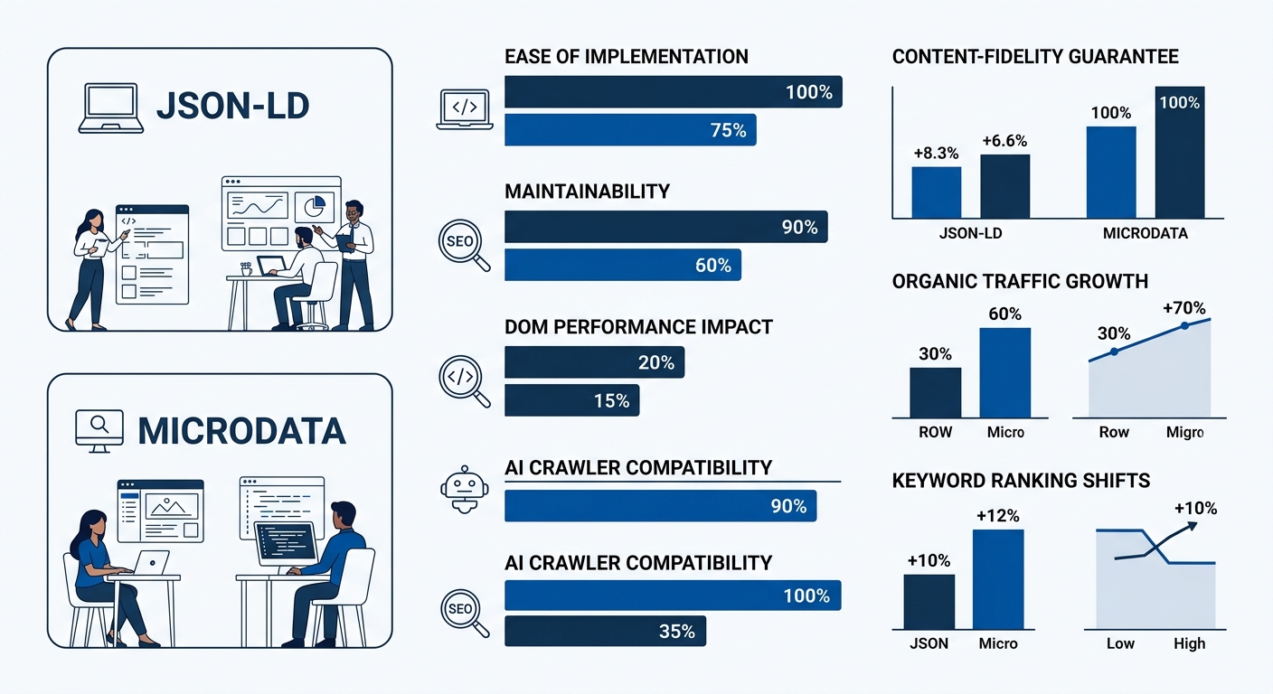 Infographic comparing JSON-LD and Microdata across five dimensions — ease of implementation, maintainability, DOM performance impact, AI crawler compatibility, and CMS support — with visual bars showi