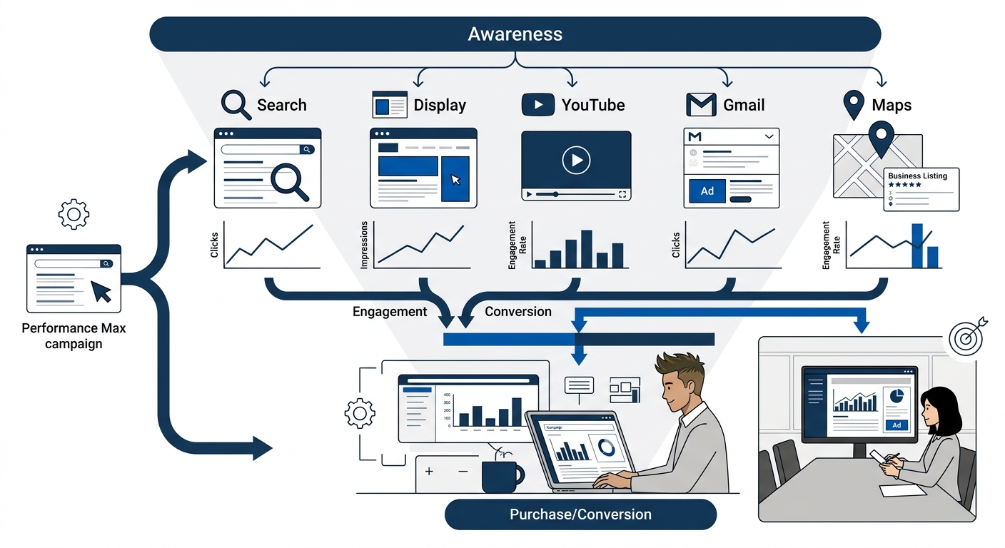 diagram showing a Performance Max campaign funnel with arrows splitting across Search, Display, YouTube, Gmail, and Maps channels, highlighting where engagement metrics diverge from actual conversions