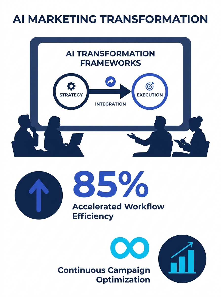 Marketing executives attending conference session with presentation screen showing AI transformation frameworks