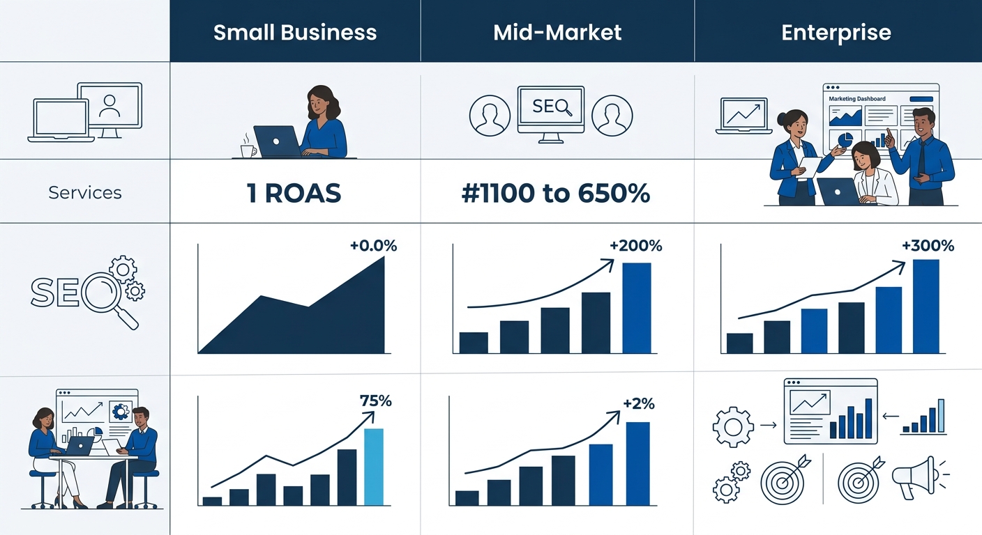 A comparison table showing three tiers of SEO agency pricing in the Philippines — small business, mid-market, and enterprise — with typical monthly costs in pesos, services included at each tier, and 