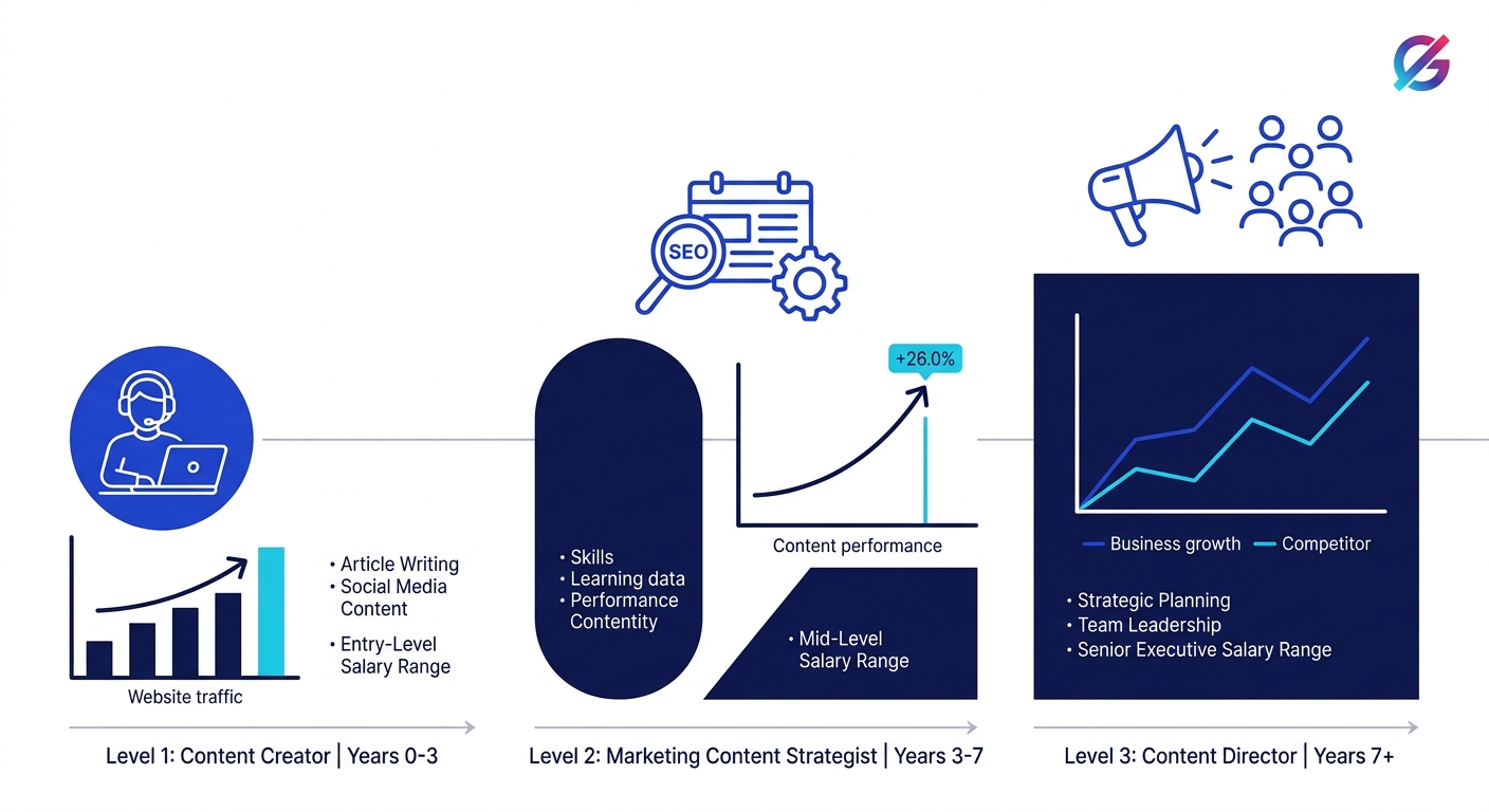 A career progression ladder showing three levels of a content strategist's career path — Content Creator at years 0-3, Marketing Content Strategist at years 3-7, and Content Director at years 7-plus —