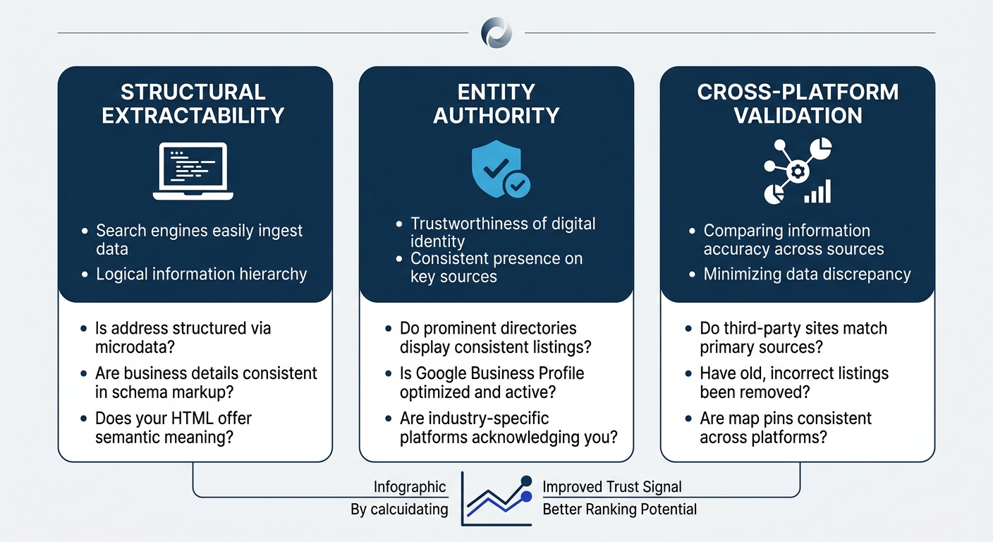 Diagram showing the three components of the Citation Readiness Score - structural extractability, entity authority, and cross-platform validation - arranged as interconnected pillars with brief descri