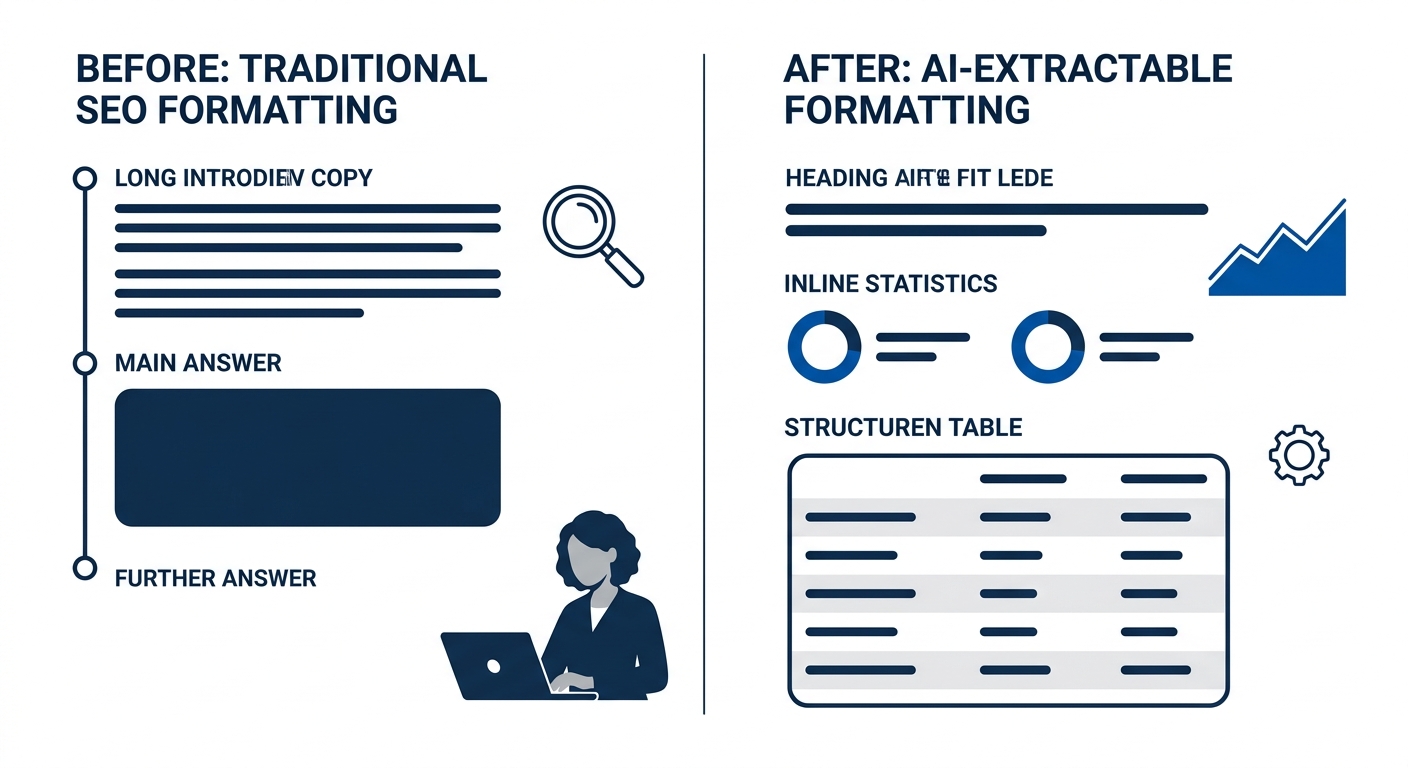 A before-and-after comparison of a content section showing traditional SEO formatting on the left with a long introductory paragraph before the main answer, versus AI-extractable formatting on the rig