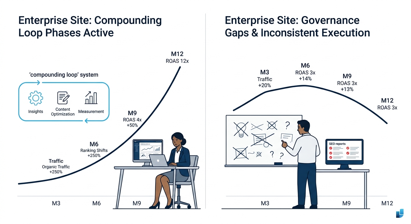 A comparison visualization showing two enterprise sites over 12 months side by side, one with all three compounding loop phases active showing exponential organic traffic growth curve, and one with go