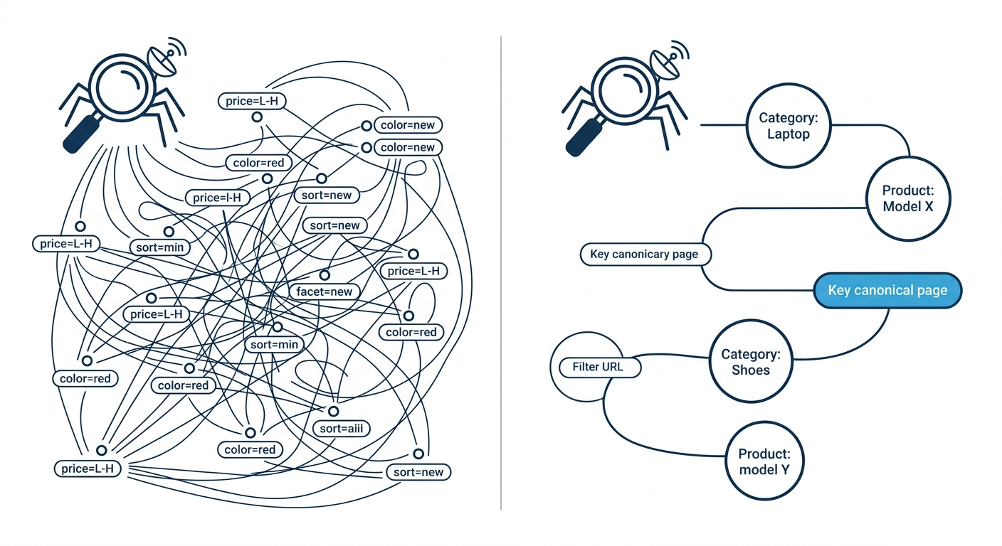 A side-by-side comparison diagram showing Googlebot behavior before and after parameter URL cleanup, with the left panel depicting a tangled web of thousands of filter and sort URL variations being cr