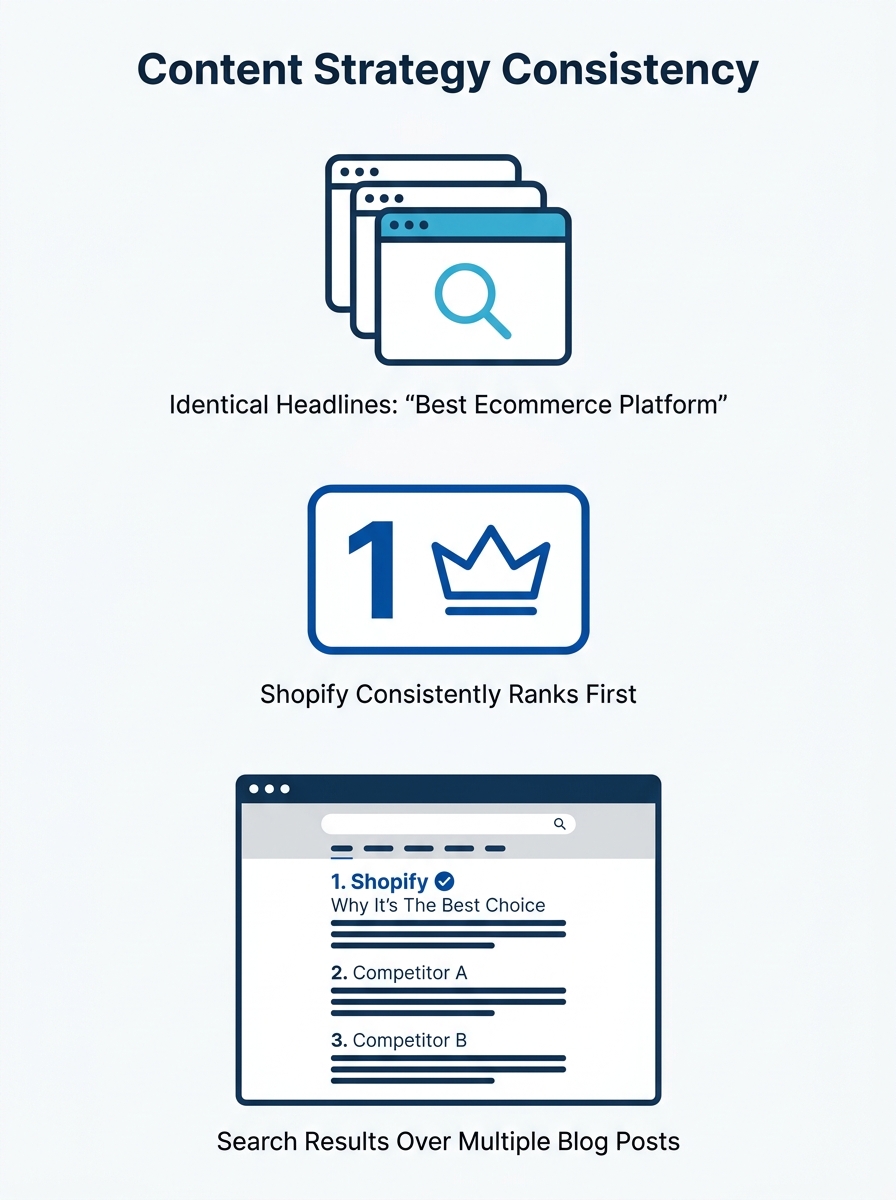 Screenshot showing multiple Shopify blog posts with identical "best ecommerce platform" headlines, all ranking Shopify first in the list