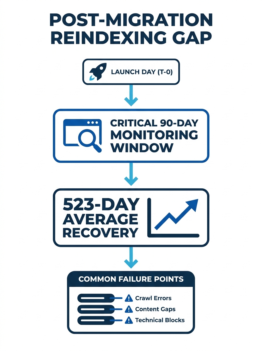 timeline infographic showing the post-migration reindexing gap, with key phases labeled from launch day through 523-day average recovery, highlighting the critical 90-day monitoring window and common