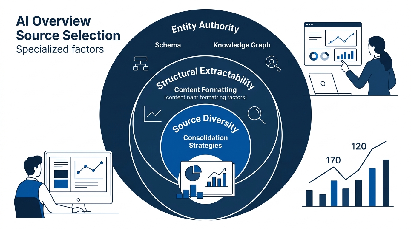 An infographic showing three concentric layers of AI Overview source selection criteria with entity authority as the outer ring listing schema and knowledge graph factors, structural extractability as