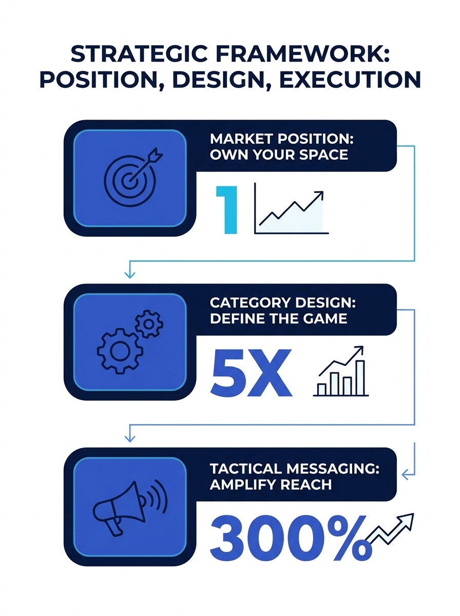 Strategic positioning framework diagram showing the relationship between market position, category design, and tactical messaging execution