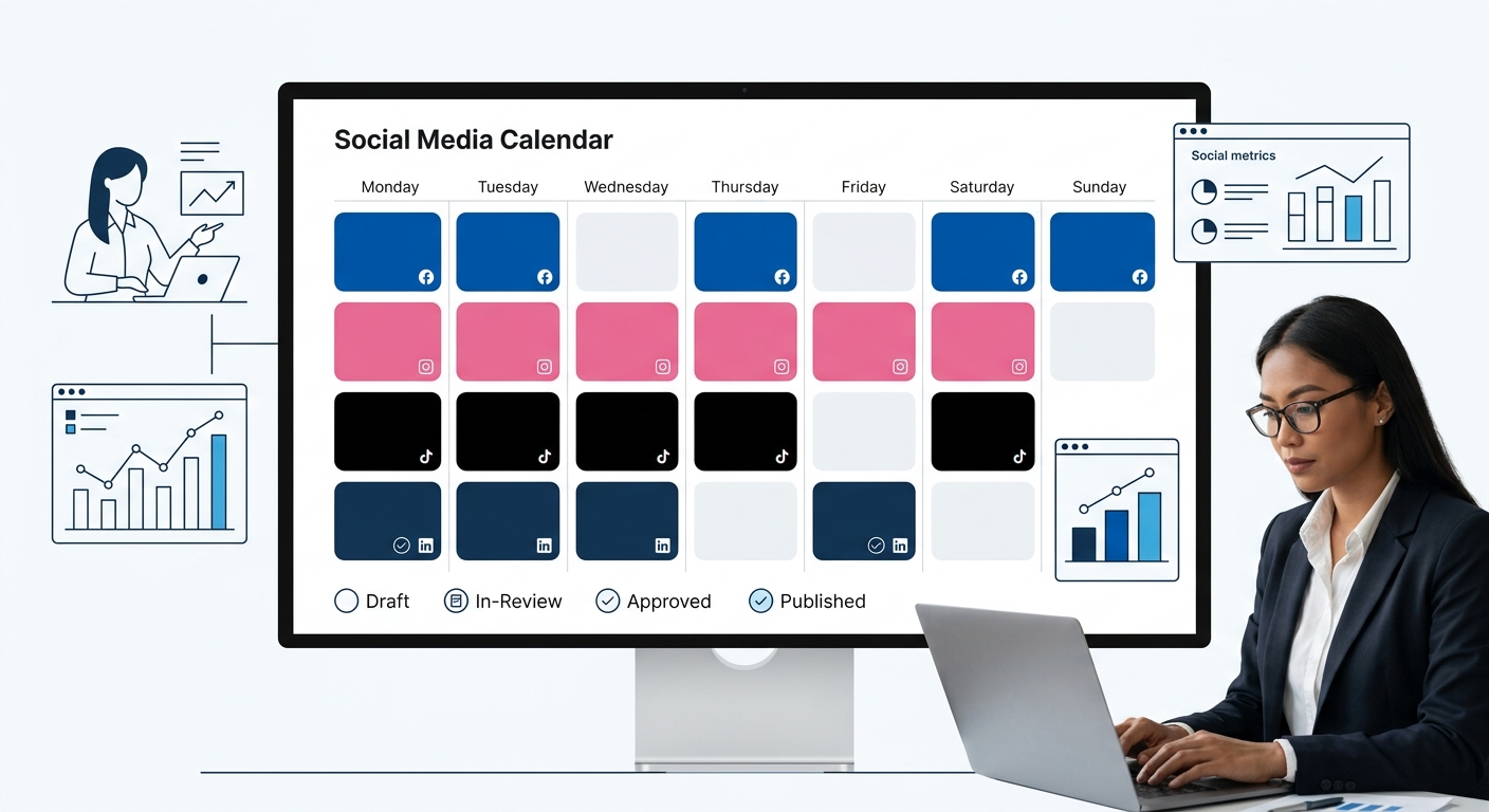 a mockup of a weekly social media content calendar showing color-coded posts by platform (Facebook in blue, Instagram in pink, TikTok in black, LinkedIn in navy) with status indicators for draft, in-r