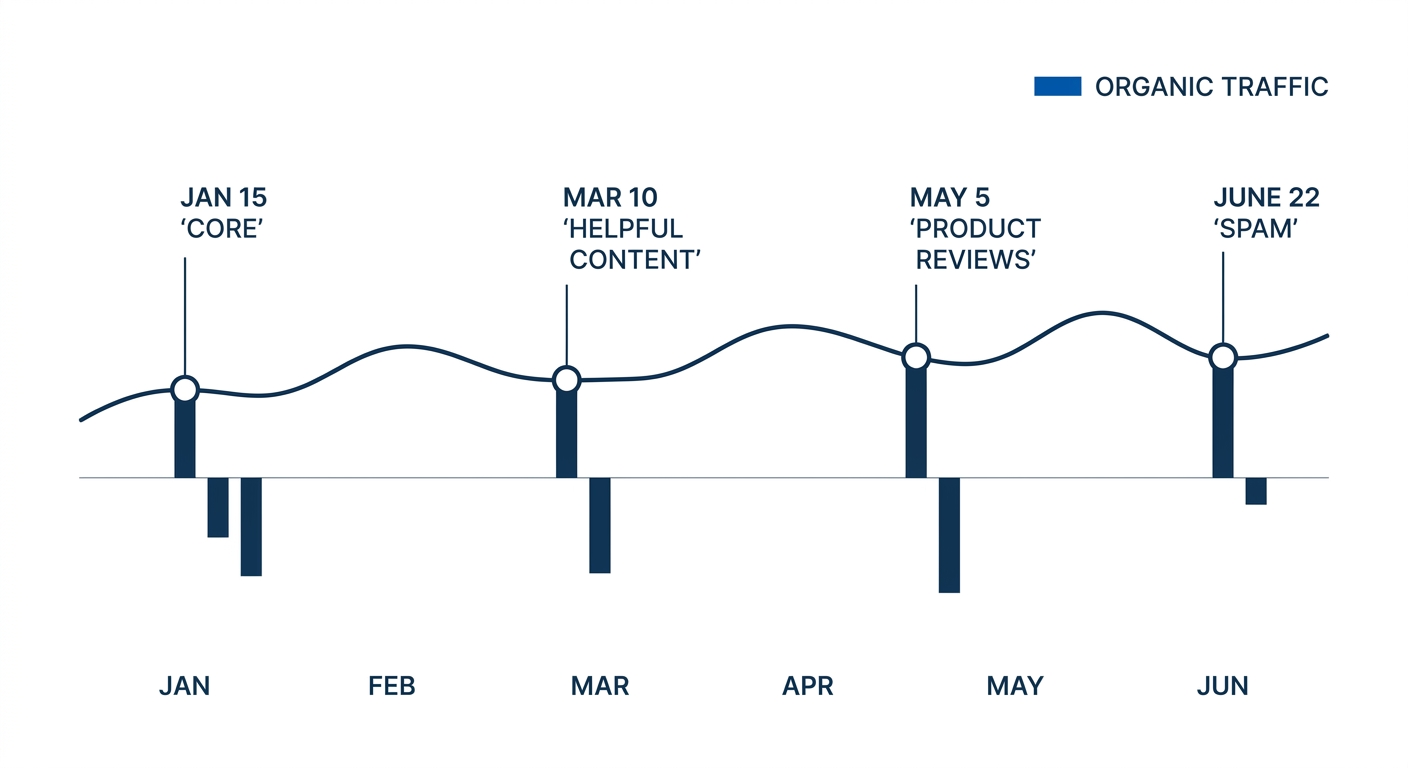 A timeline visualization showing Google algorithm updates from January to June 2026 plotted against a hypothetical organic traffic trend line, with annotation markers at each update date