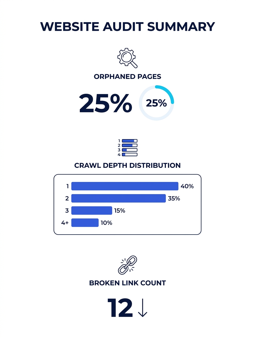 a dashboard-style visualization showing a website audit summary with metrics for orphaned pages at 25 percent, crawl depth distribution bar chart, and broken link count, presented in a clean analytics