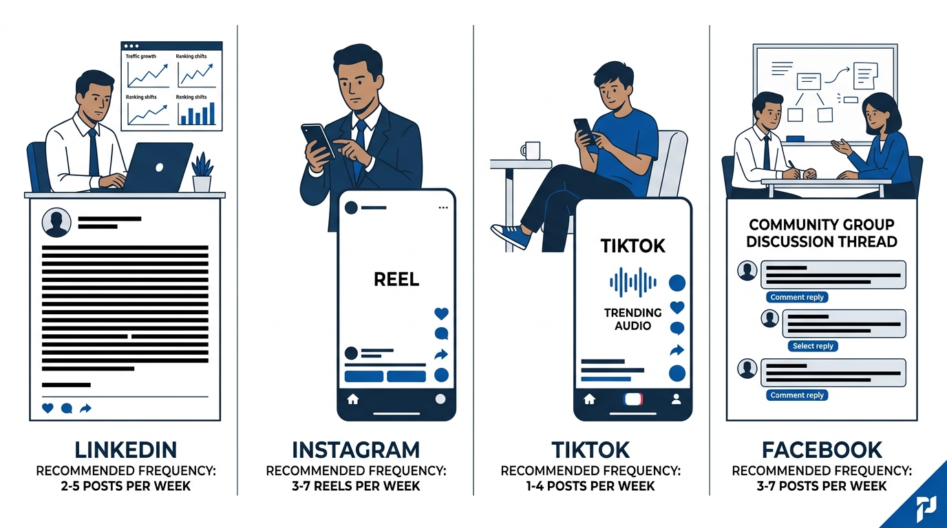 a side-by-side comparison of four social media platforms showing LinkedIn with a long-form text post, Instagram with a vertical Reel, TikTok with trending audio content, and Facebook with a community