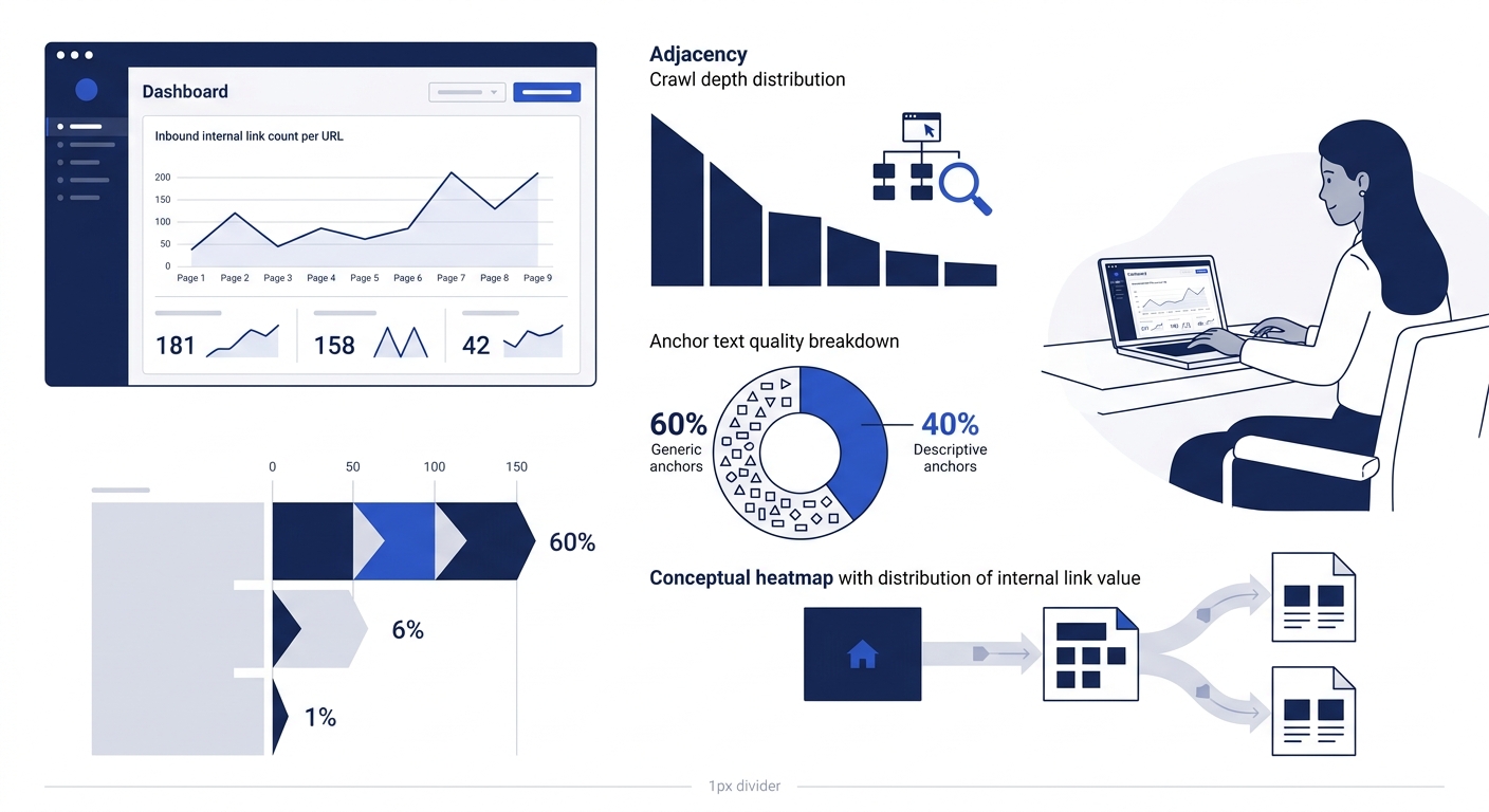 infographic showing an internal link audit dashboard with metrics for inbound link count per URL, crawl depth distribution, anchor text quality breakdown showing 60 percent generic versus 40 percent d