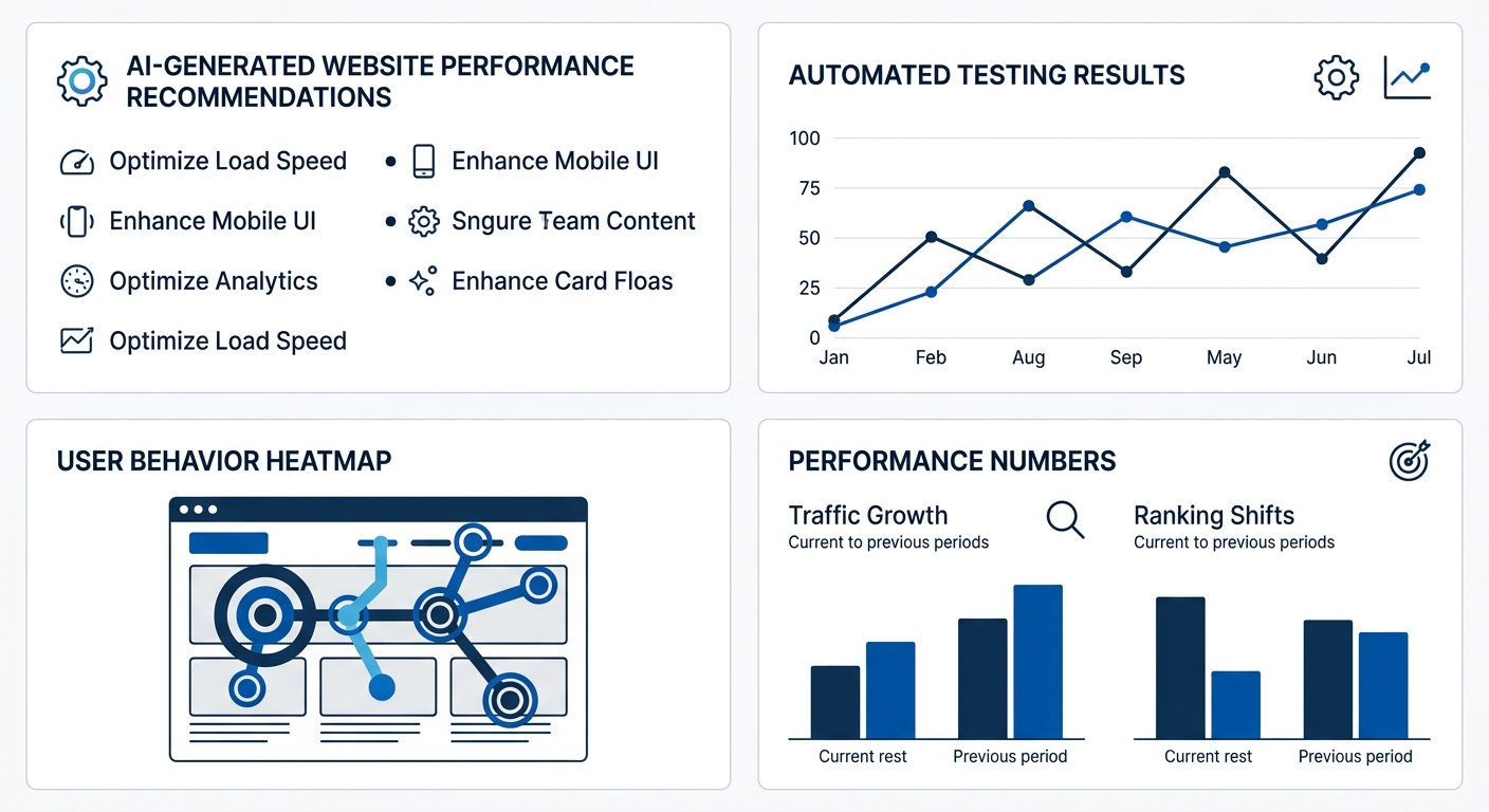Dashboard interface showing AI-generated website performance recommendations with automated testing results and user behavior heatmaps