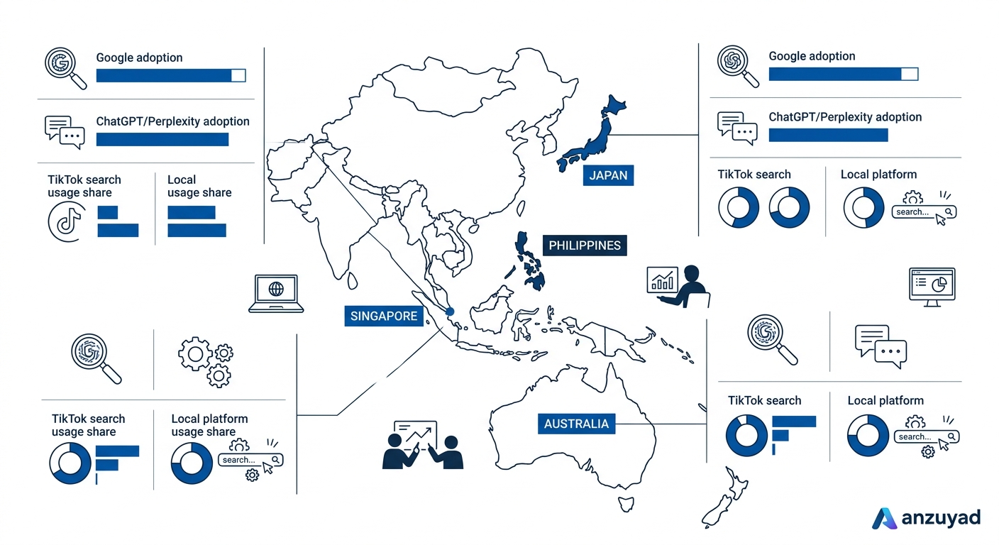 Map of APAC region highlighting different search platform adoption patterns across key markets including the Philippines, Singapore, Japan, and Australia, with icons representing Google, ChatGPT, Perp