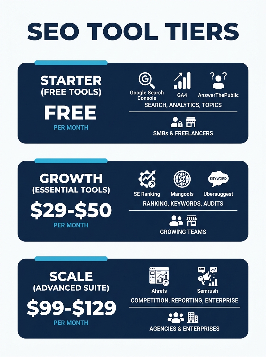 an infographic showing three tiers of SEO tools for small businesses — free tier (Google Search Console, GA4, AnswerThePublic), budget tier ($29-$50/month with SE Ranking, Mangools, Ubersuggest), and