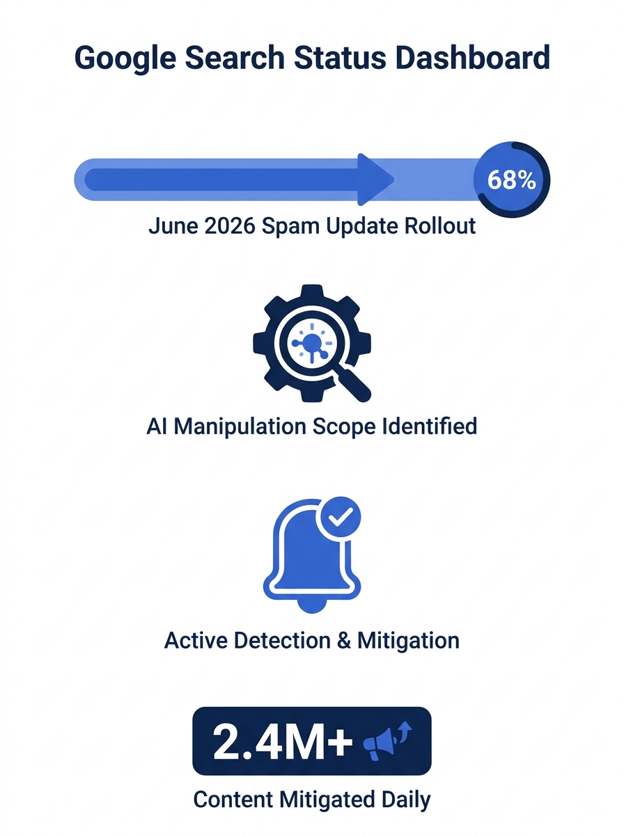 Google Search Status Dashboard showing June 2026 spam update rollout notification with AI manipulation scope highlighted