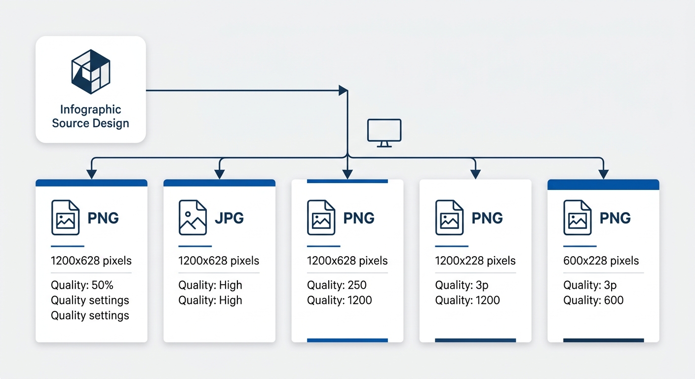 A workflow diagram showing a single infographic source design being exported into five different platform-optimized file formats, with file type labels (PNG, JPG), quality settings, and dimension spec