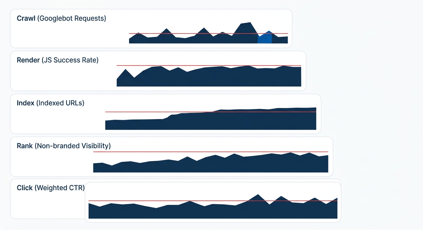 A dashboard mockup showing five monitoring panels arranged vertically corresponding to the five pyramid layers. Each panel displays a time-series graph with alert thresholds marked in red. The crawl p