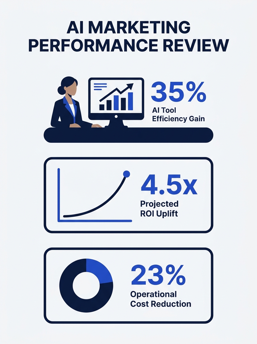 Marketing executive reviewing AI tool performance dashboards with ROI metrics and cost data