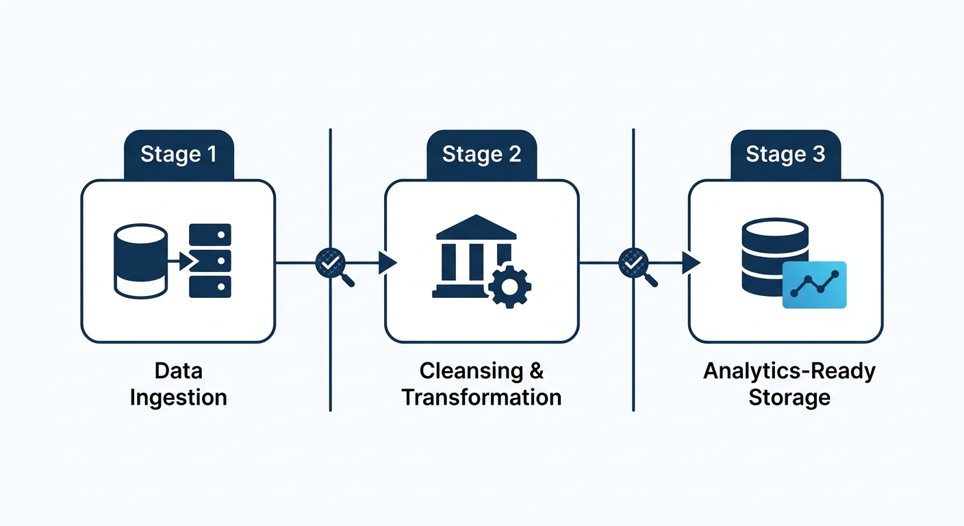 Flowchart showing the three stages of big data analytics processing from data ingestion through cleansing and transformation to analytics-ready storage, with governance checkpoints at each stage