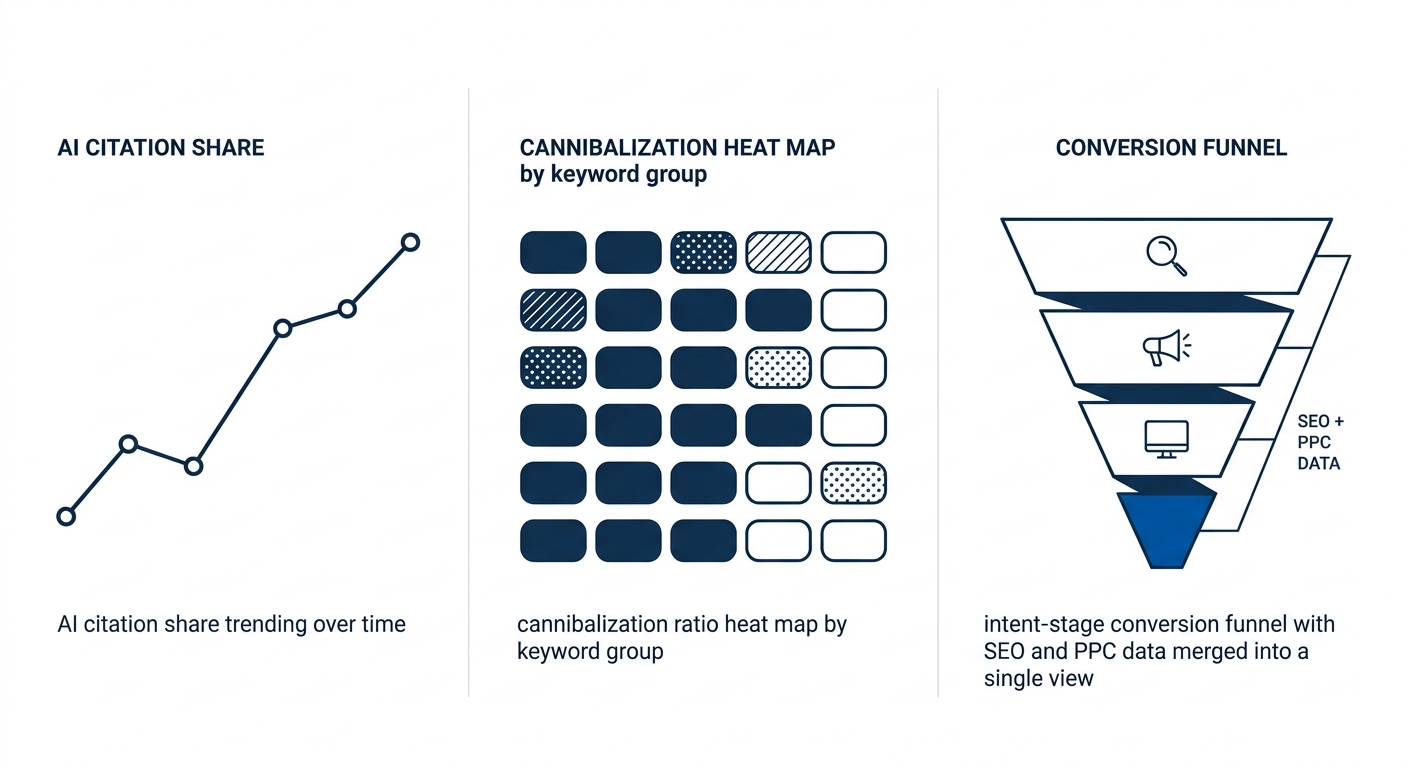 A dashboard mockup showing three panels side by side with AI citation share trending over time, a cannibalization ratio heat map by keyword group, and an intent-stage conversion funnel with SEO and PP