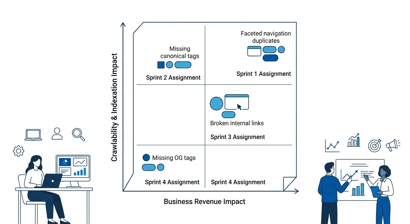 infographic showing a two-axis scoring matrix for SEO audit prioritization, with crawlability/indexation impact on the Y-axis and business revenue impact on the X-axis, plotting common issues like fac