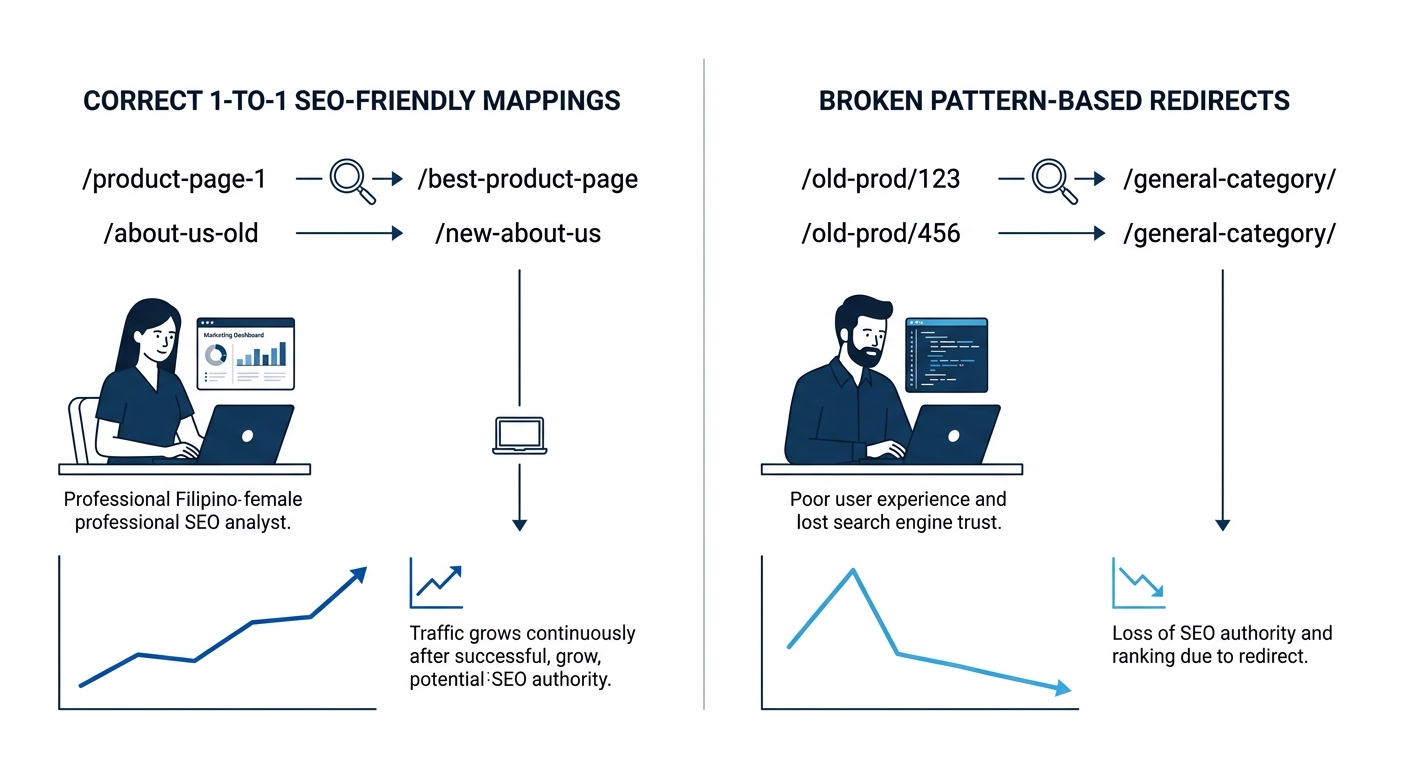 diagram showing how 301 redirects transfer SEO authority from old URLs to new URLs, with a split view comparing correct 1-to-1 mappings versus broken pattern-based redirects and the resulting traffic