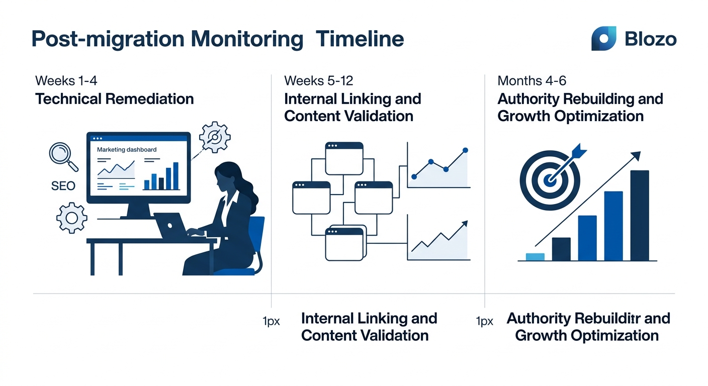 a three-phase post-migration monitoring timeline showing weeks 1-4 focused on technical remediation, weeks 5-12 on internal linking and content validation, and months 4-6 on authority rebuilding and g