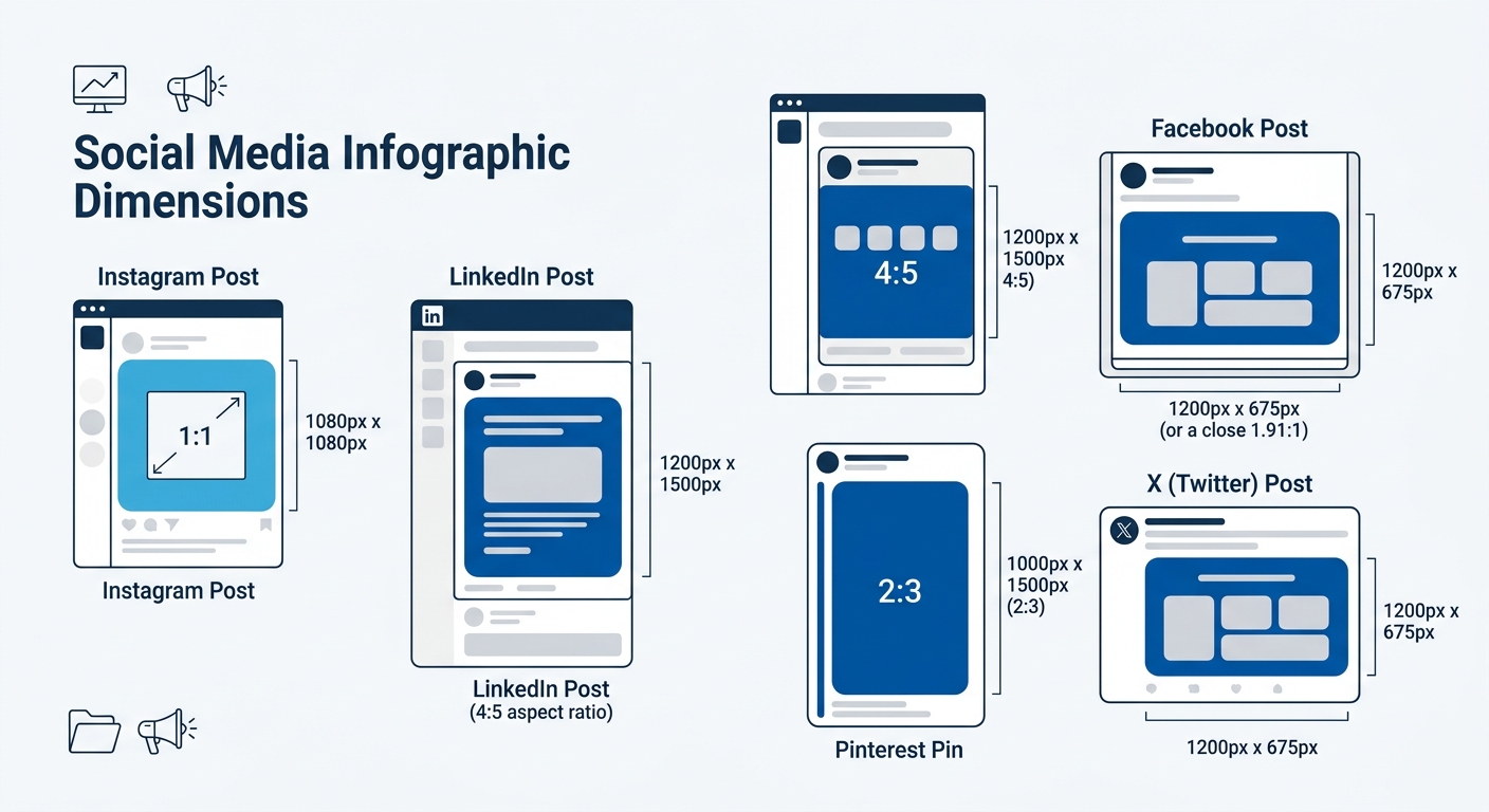 An infographic showing the recommended social media infographic dimensions for Instagram, LinkedIn, Facebook, Pinterest, and X with visual size comparisons and pixel dimensions labeled for each format