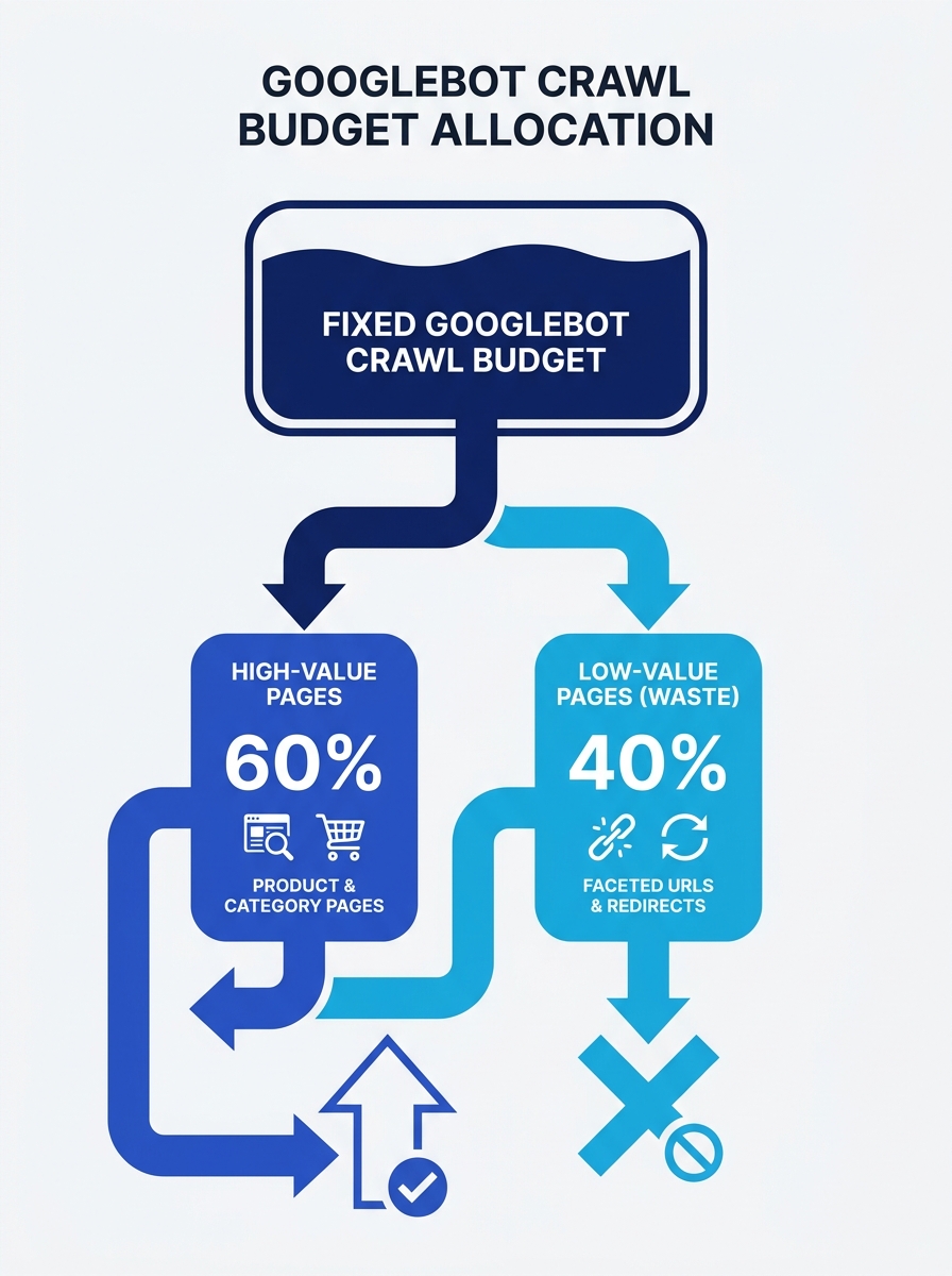 diagram showing Googlebot's crawl budget as a fixed pool being divided between high-value pages like product and category pages versus low-value pages like faceted URLs and redirect chains, with propo