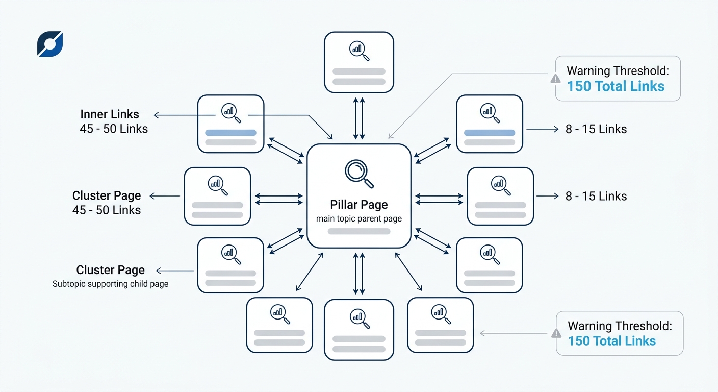 infographic showing a pillar-cluster site architecture diagram with a central pillar page connected by bi-directional arrows to 10 surrounding cluster pages, with annotations showing 45 to 50 links on