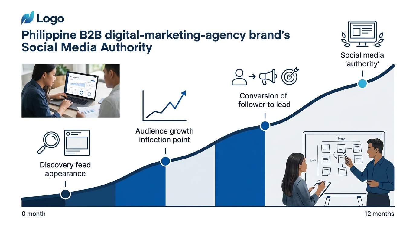 a timeline illustration showing a brand's social media authority growing over 12 months of consistent posting, with a rising engagement curve featuring key milestone markers like first discovery feed