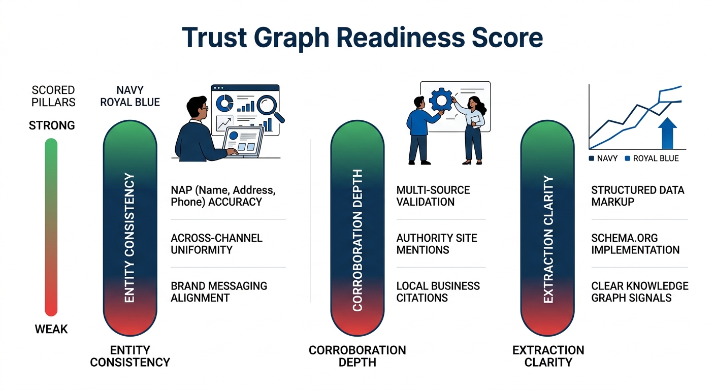 Infographic showing the Trust Graph Readiness Score framework with three scored pillars - Entity Consistency, Corroboration Depth, and Extraction Clarity - each displayed as a vertical bar with gradie