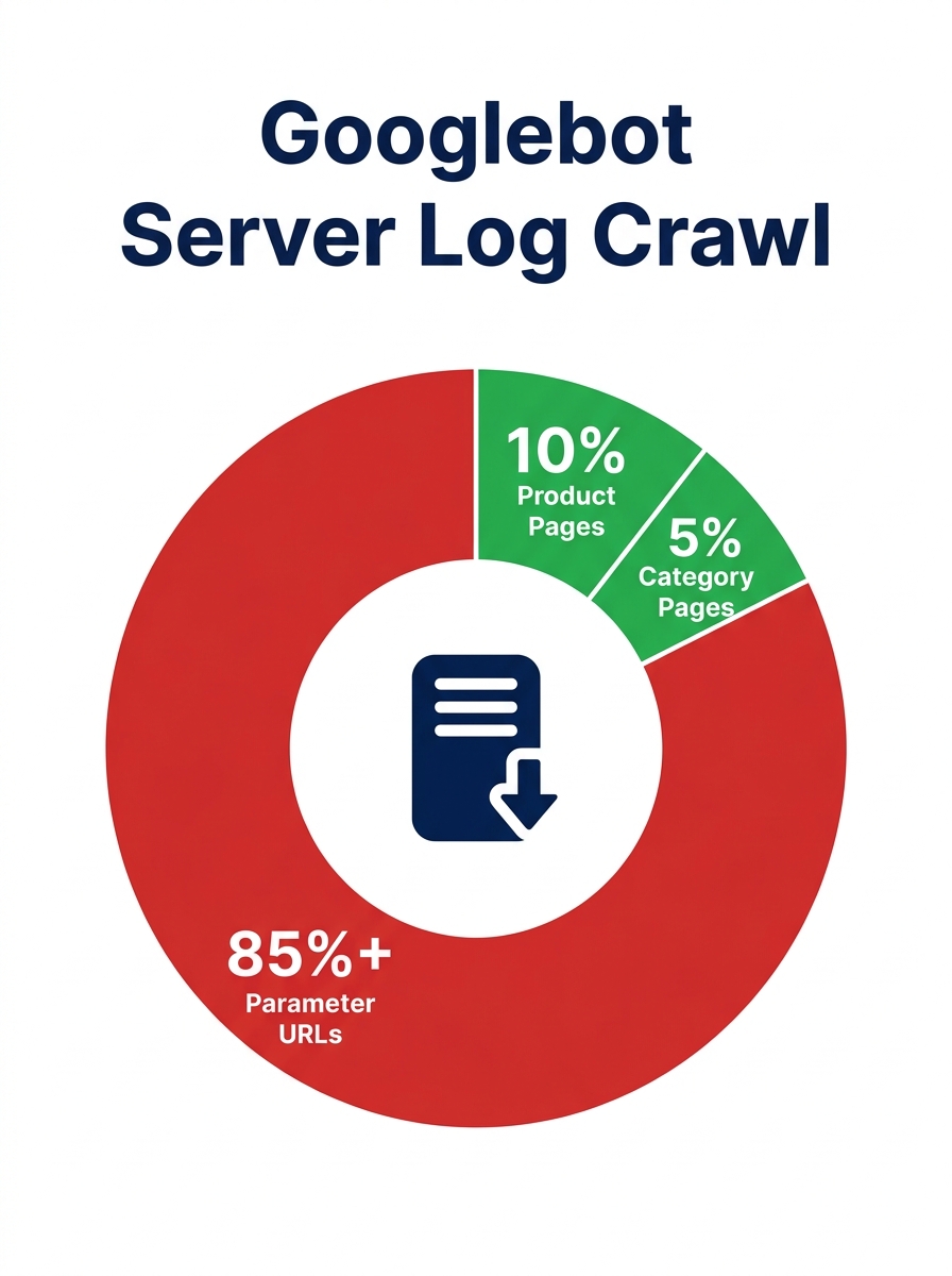 Enterprise website server log visualization showing Googlebot crawl distribution across URL types, with parameter URLs highlighted in red consuming a disproportionate share versus product and category