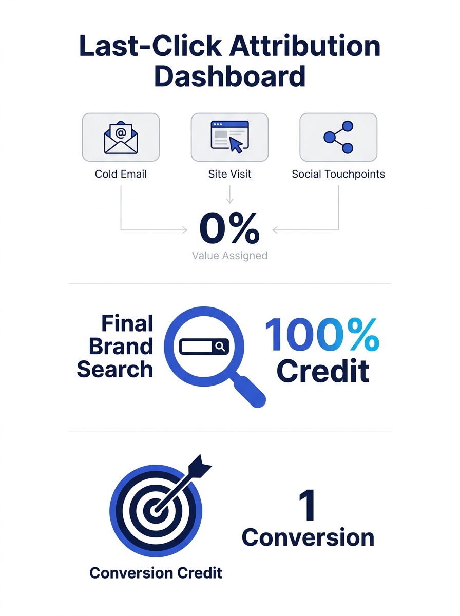 Dashboard showing last-click attribution assigning full conversion credit to final brand search while earlier cold email, site visit, and social touchpoints receive zero value