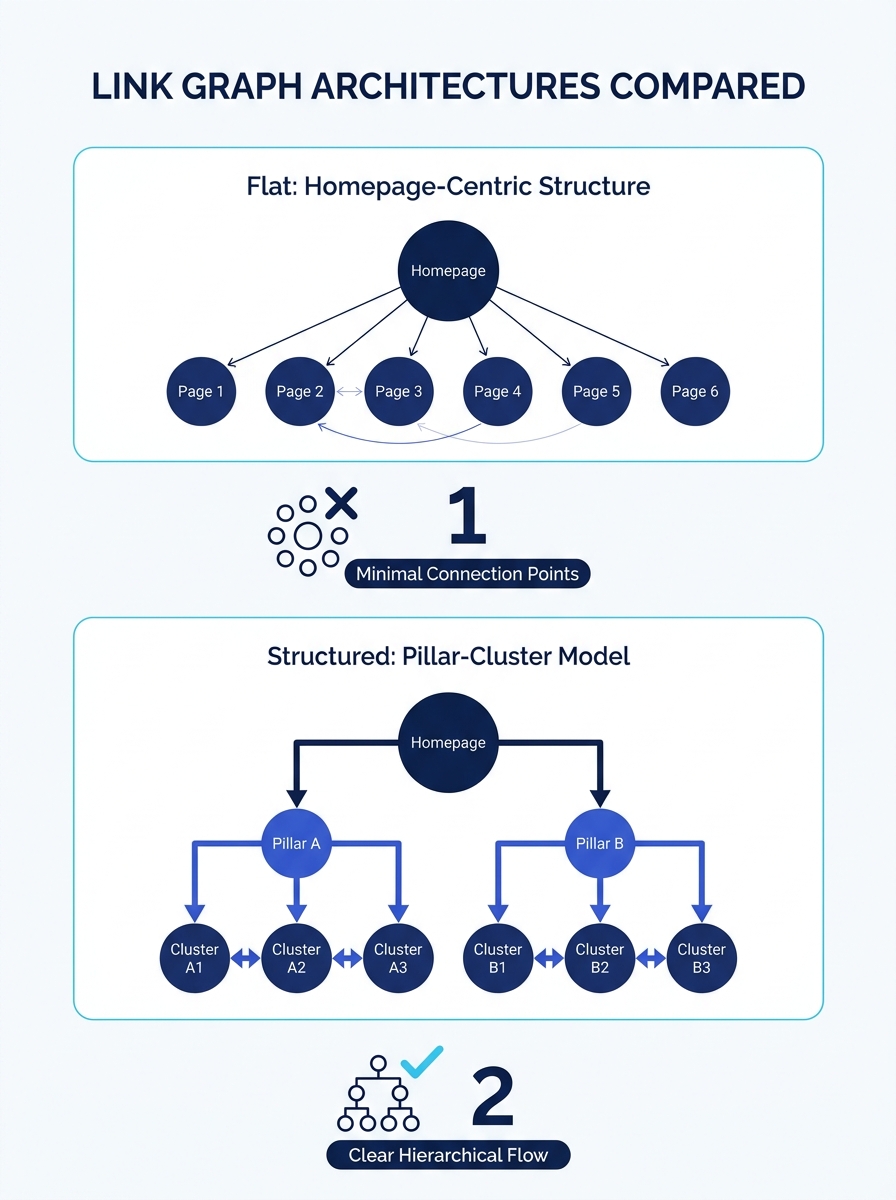 diagram showing a flat internal link graph where all pages connect to the homepage but have few connections between related category and product pages, contrasted with a structured pillar-cluster grap