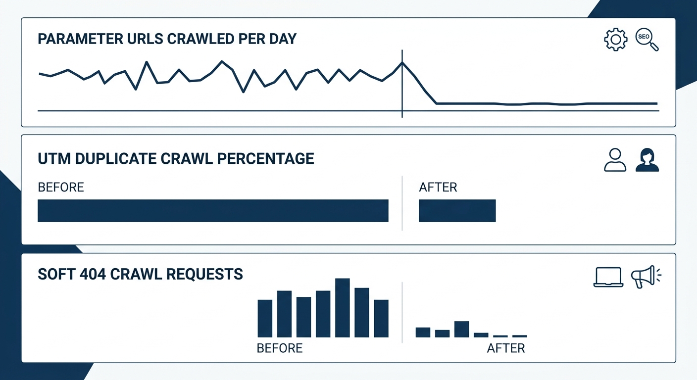 A dashboard mockup showing three metric panels for each layer of the crawl waste audit, with bar charts comparing before and after metrics including parameter URLs crawled per day, UTM duplicate crawl