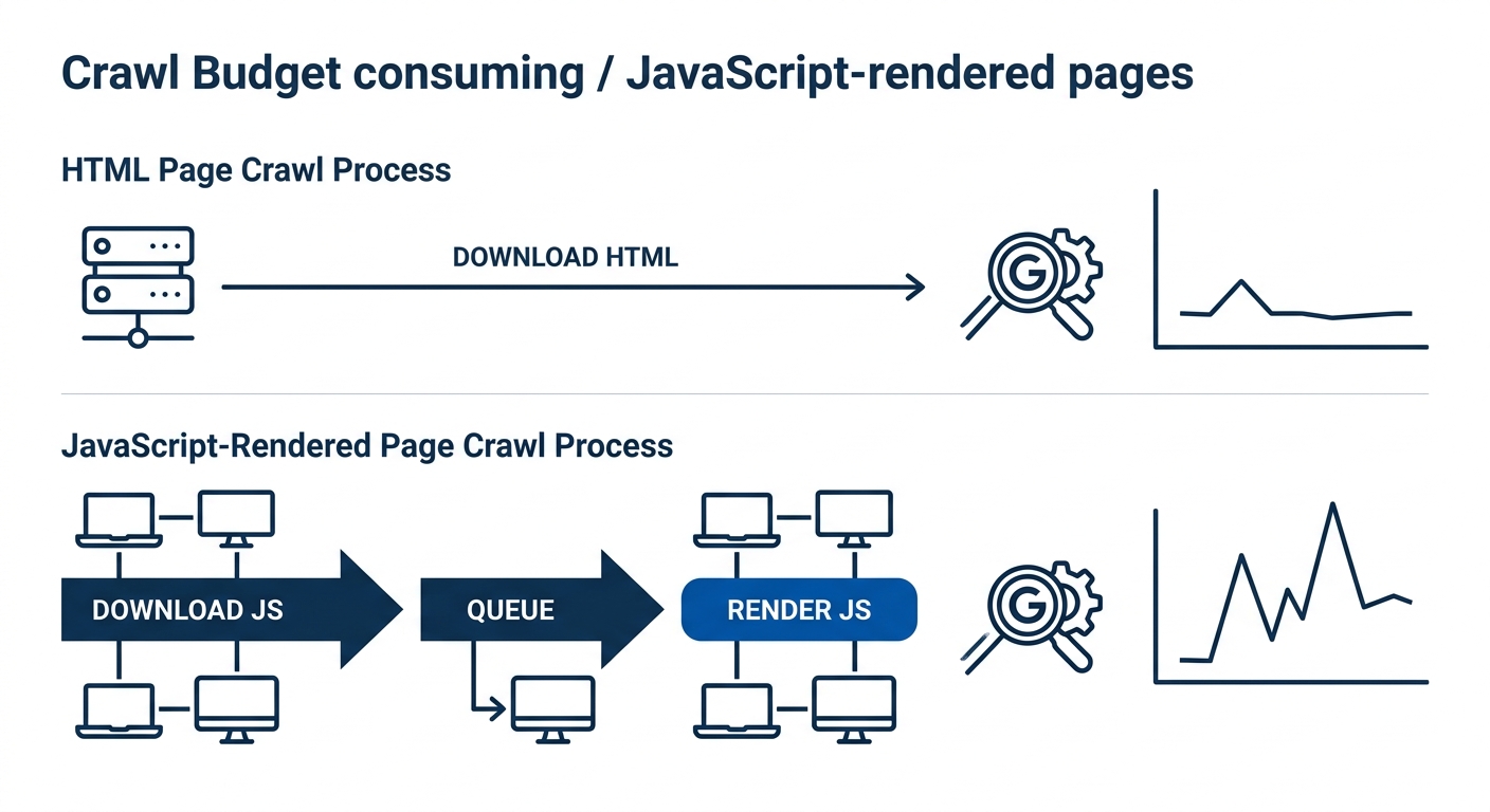 infographic comparing crawl budget consumption between standard HTML pages and JavaScript-rendered pages, showing the 9x resource multiplier with a visual pipeline of download then queue then render s