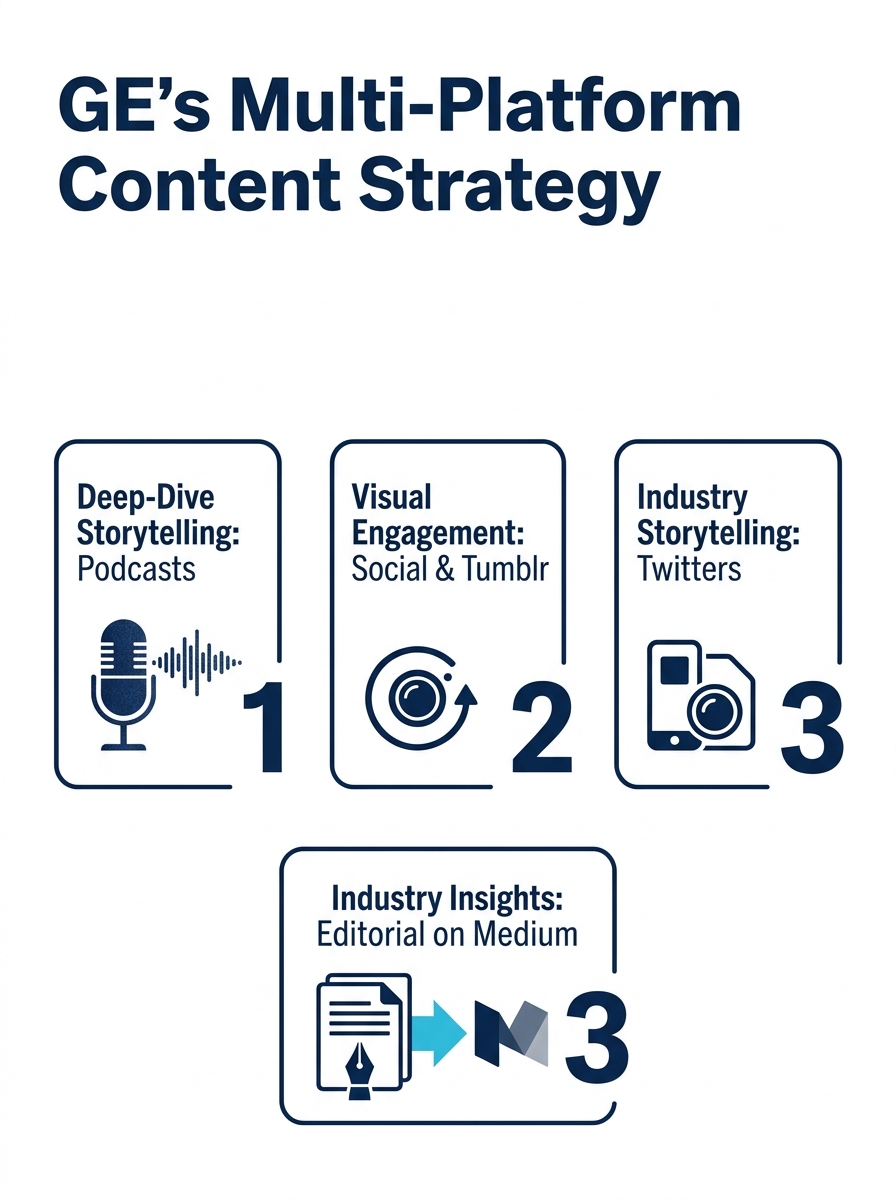 GE's multi-platform content strategy spanning podcasts, social media, and editorial across Tumblr, Instagram, and Medium