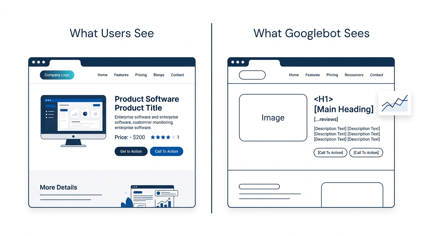 A side-by-side comparison showing two browser views of the same enterprise product page. The left panel is labeled "What Users See" and shows a fully rendered page with product images, pricing, and re