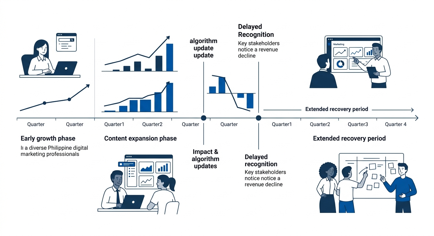 Timeline visualization showing an enterprise site organic visibility trajectory from early growth phase through content expansion, with markers for algorithm update impacts, delayed recognition point